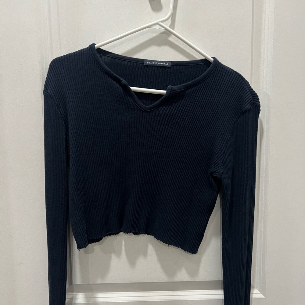 Navy Blue Ribbed Cropped Long Sleeve Top